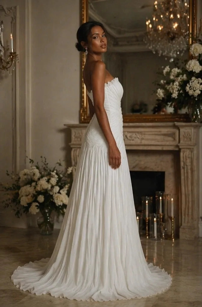 Elegant Mermaid Strapless Plunging Low Back Chapel Train Wedding Dress