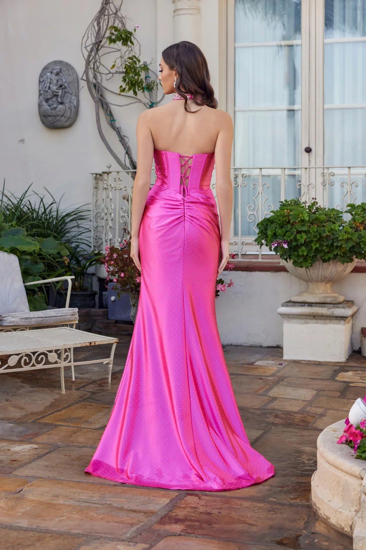 Strapless Rhinestone Corset Mermaid Polka Dots Evening Dress Ruched Satin With High Slit
