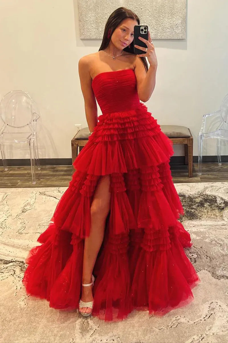 Strapless Ruched Straight Neck Tiered Ruffled Sparkle Tulle High Slit Floor Length Prom Evening Gown