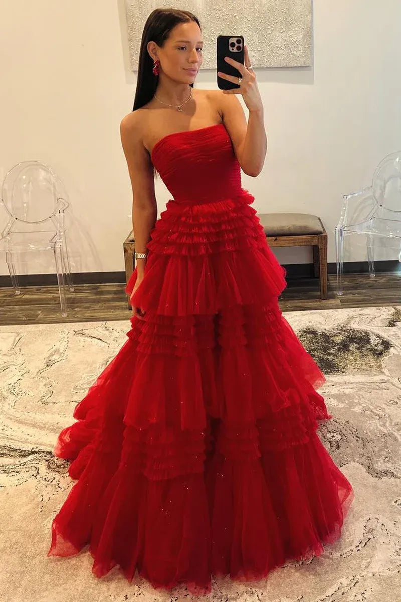 Strapless Ruched Straight Neck Tiered Ruffled Sparkle Tulle High Slit Floor Length Prom Evening Gown