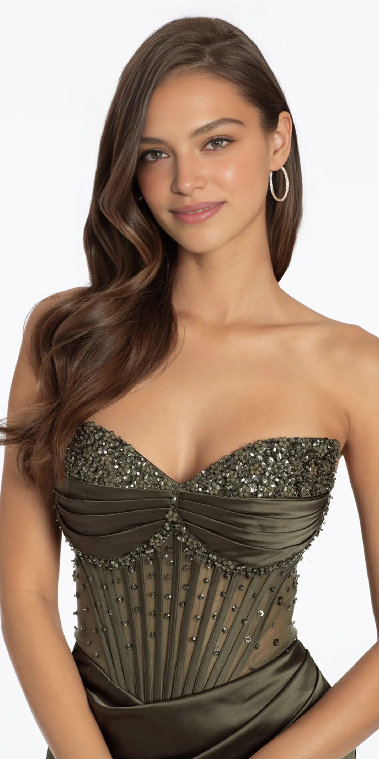 Glamorous Mermaid Embellished Corset Column Strapless Lace-Up Back Satin Train Formal Evening Dress