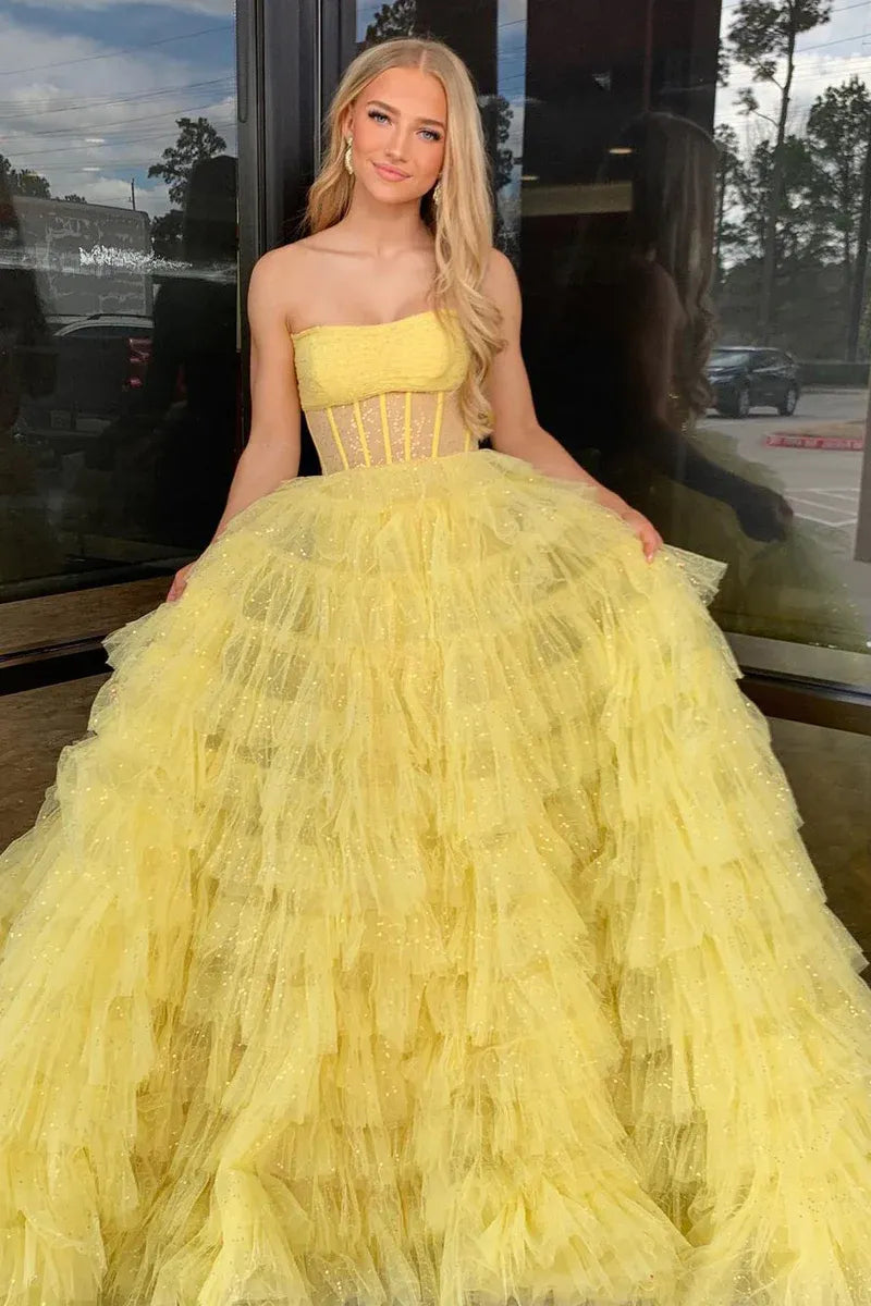 Strapless Sheer Boned Corset Ball Gown Tiered Ruffled Glitter Tulle Floor Length Prom Evening Gown