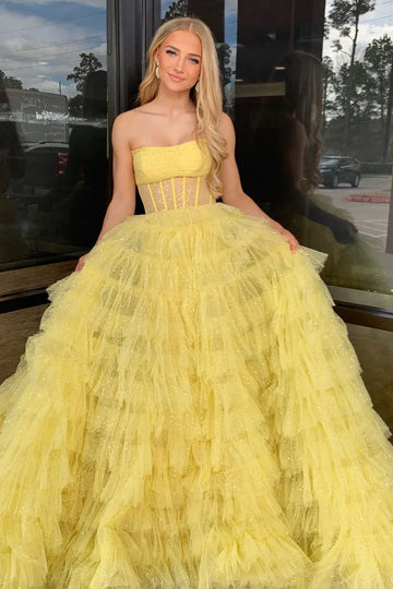 Strapless Sheer Boned Corset Ball Gown Tiered Ruffled Glitter Tulle Floor Length Prom Evening Gown