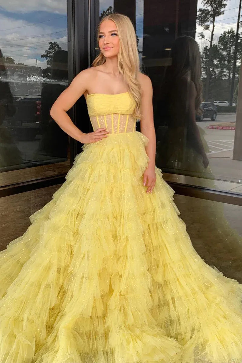 Strapless Sheer Boned Corset Ball Gown Tiered Ruffled Glitter Tulle Floor Length Prom Evening Gown