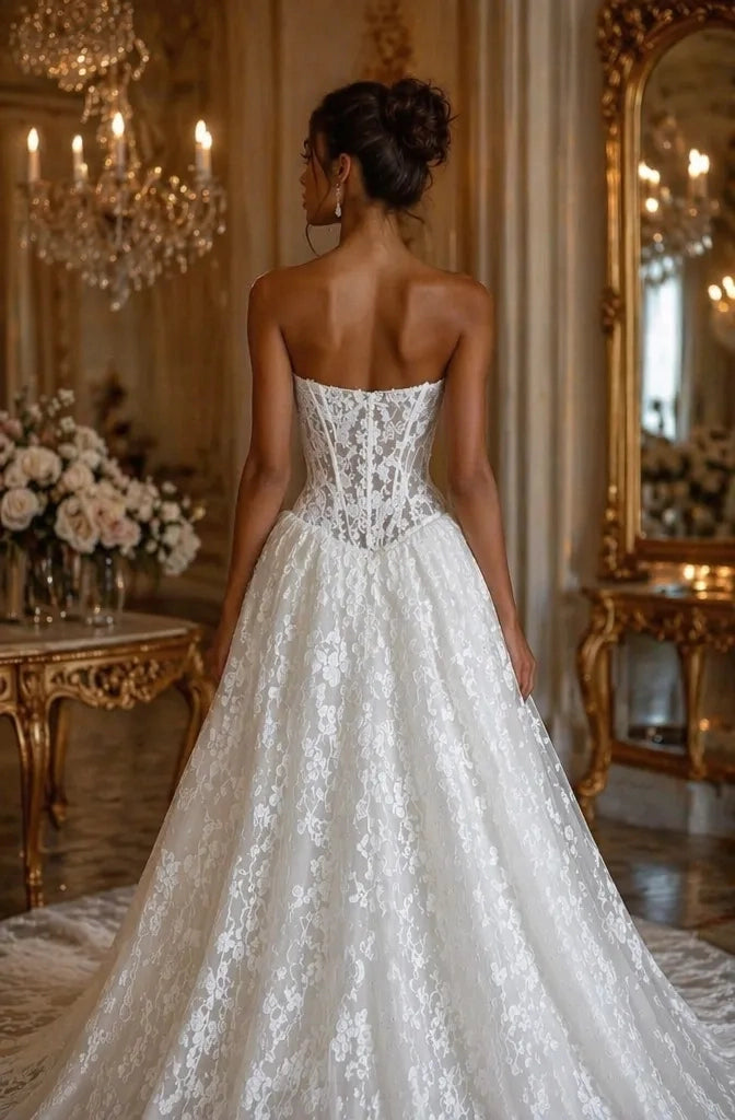 Romantic A-Line Strapless Sleeveless Corset Back Chapel Train Wedding Dress