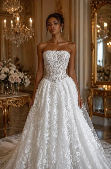 Romantic A-Line Strapless Sleeveless Corset Back Chapel Train Wedding Dress