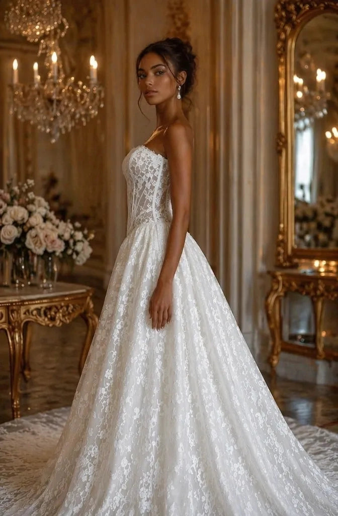 Romantic A-Line Strapless Sleeveless Corset Back Chapel Train Wedding Dress