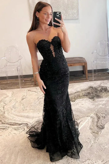 Strapless Sweetheart Keyhole Cutout Allover Lace Sequin Mermaid Sweep Train Prom Evening Gown