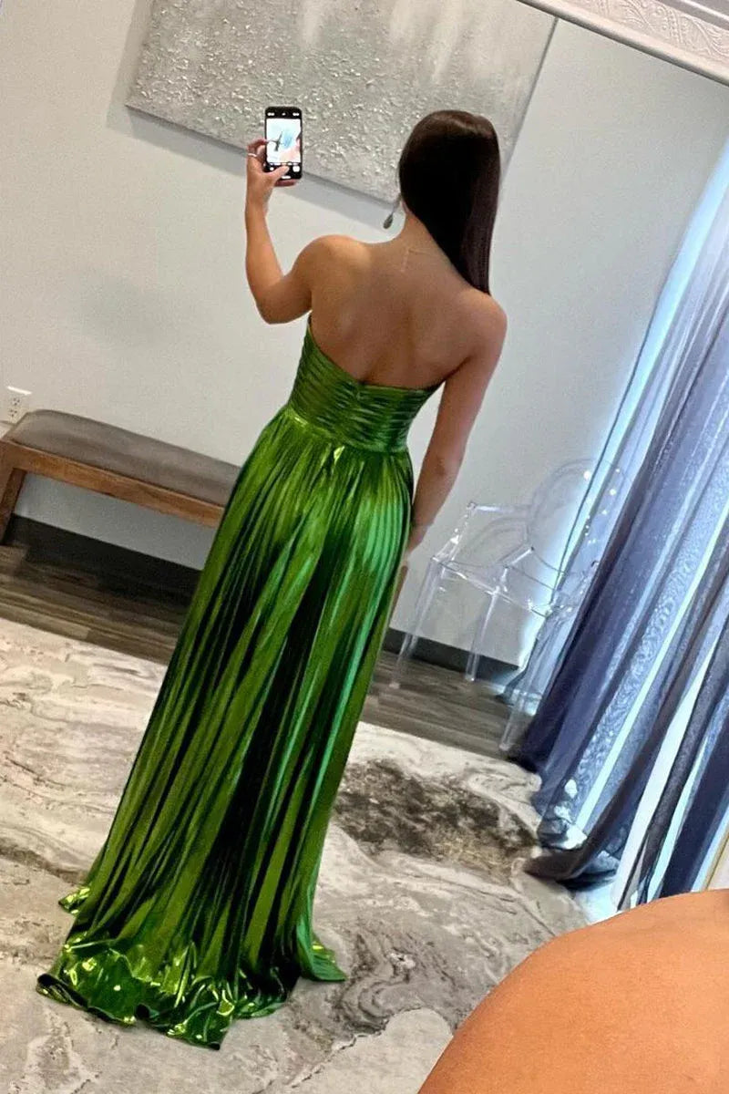 Strapless Sweetheart Ruched Bodice Pleated Metallic A-Line High Slit Floor Length Prom Evening Gown