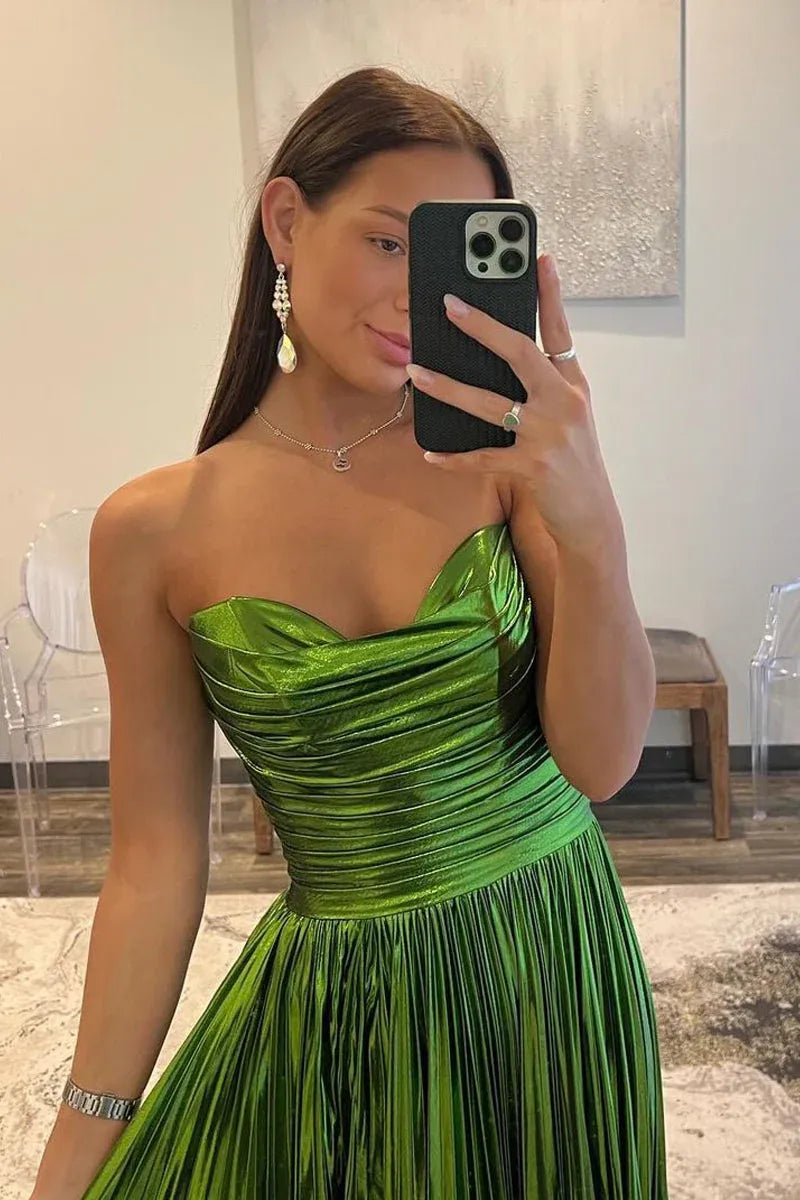 Strapless Sweetheart Ruched Bodice Pleated Metallic A-Line High Slit Floor Length Prom Evening Gown