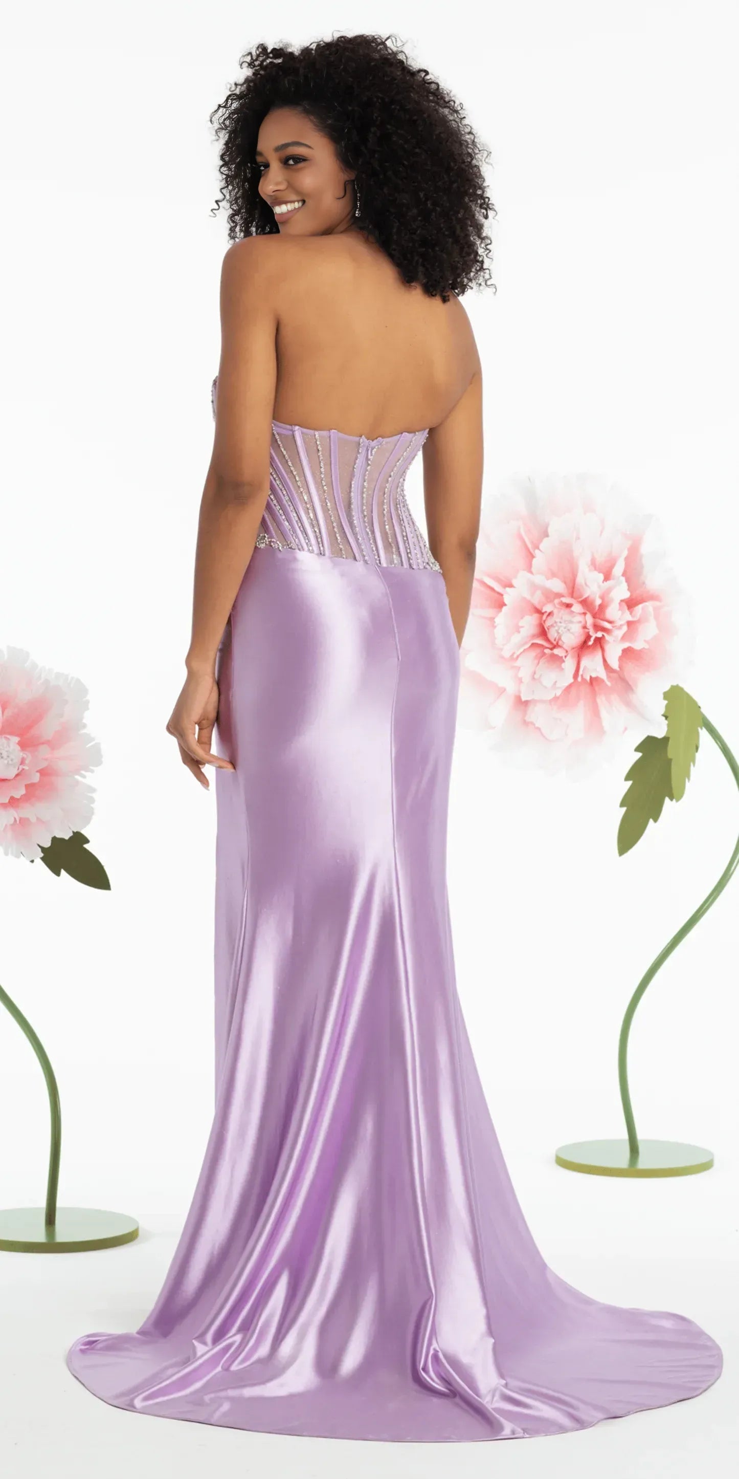 Glamorous Rhinestone Corset Column Beaded Strapless Sheer Back Satin Train Evening Gown