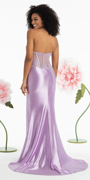 Glamorous Rhinestone Corset Column Beaded Strapless Sheer Back Satin Train Evening Gown