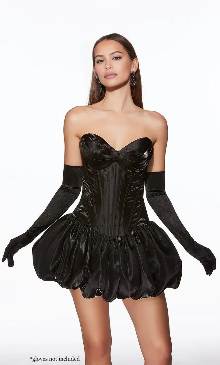 Vestido de fiesta corto de satén con corsé, sin tirantes, escote corazón y falda globo estructurada