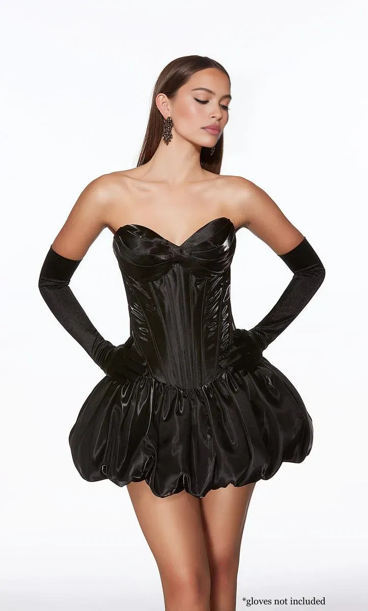 Vestido de fiesta corto de satén con corsé, sin tirantes, escote corazón y falda globo estructurada
