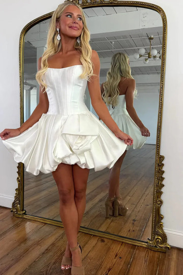 Structured Satin Bubble Mini Strapless Boned Corset Lace-Up Back Homecoming Dress