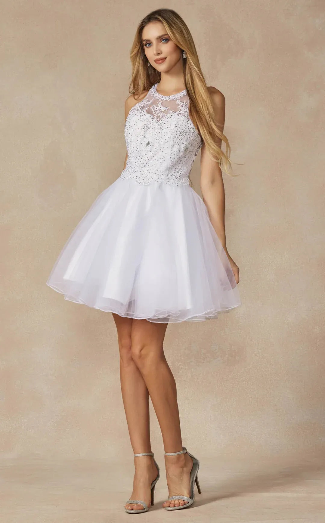 Stunning A-Line Halter Sleeveless Tulle Short Beaded Homecoming Dress