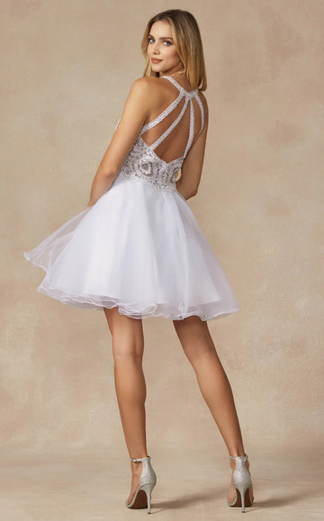 Stunning A-Line Halter Sleeveless Tulle Short Beaded Homecoming Dress