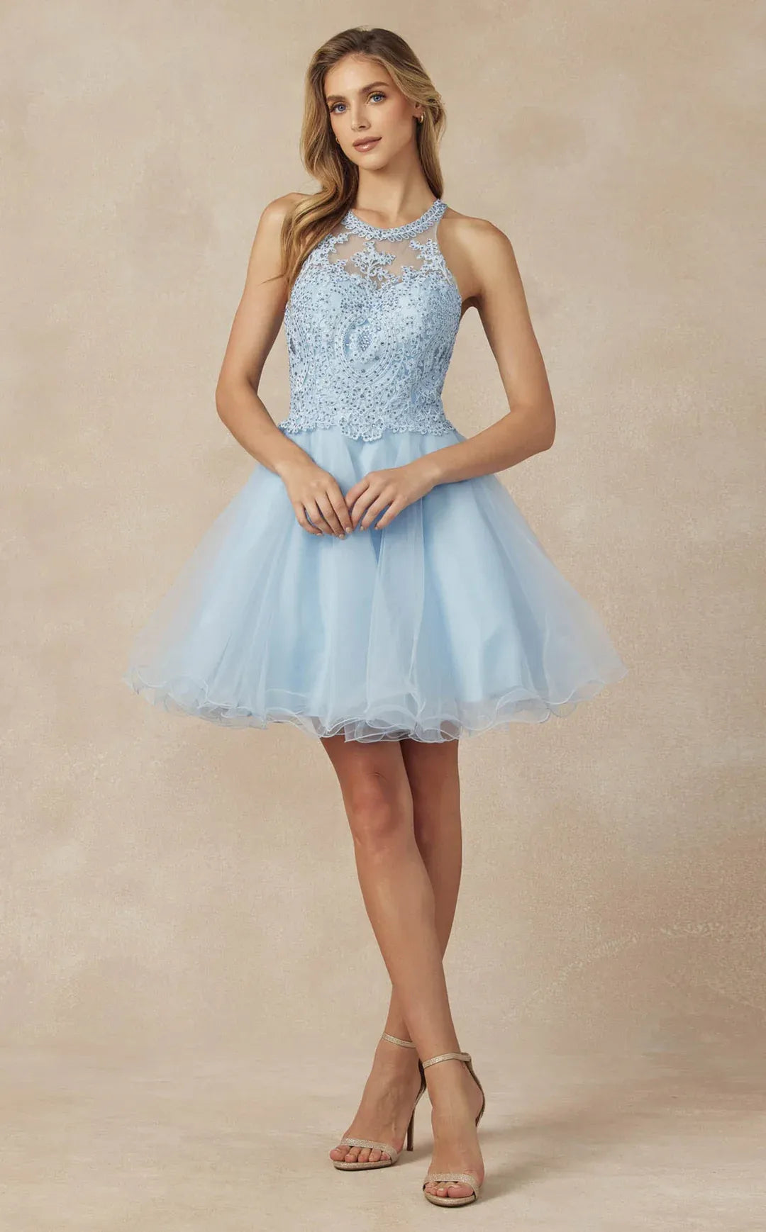 Stunning A-Line Halter Sleeveless Tulle Short Beaded Homecoming Dress