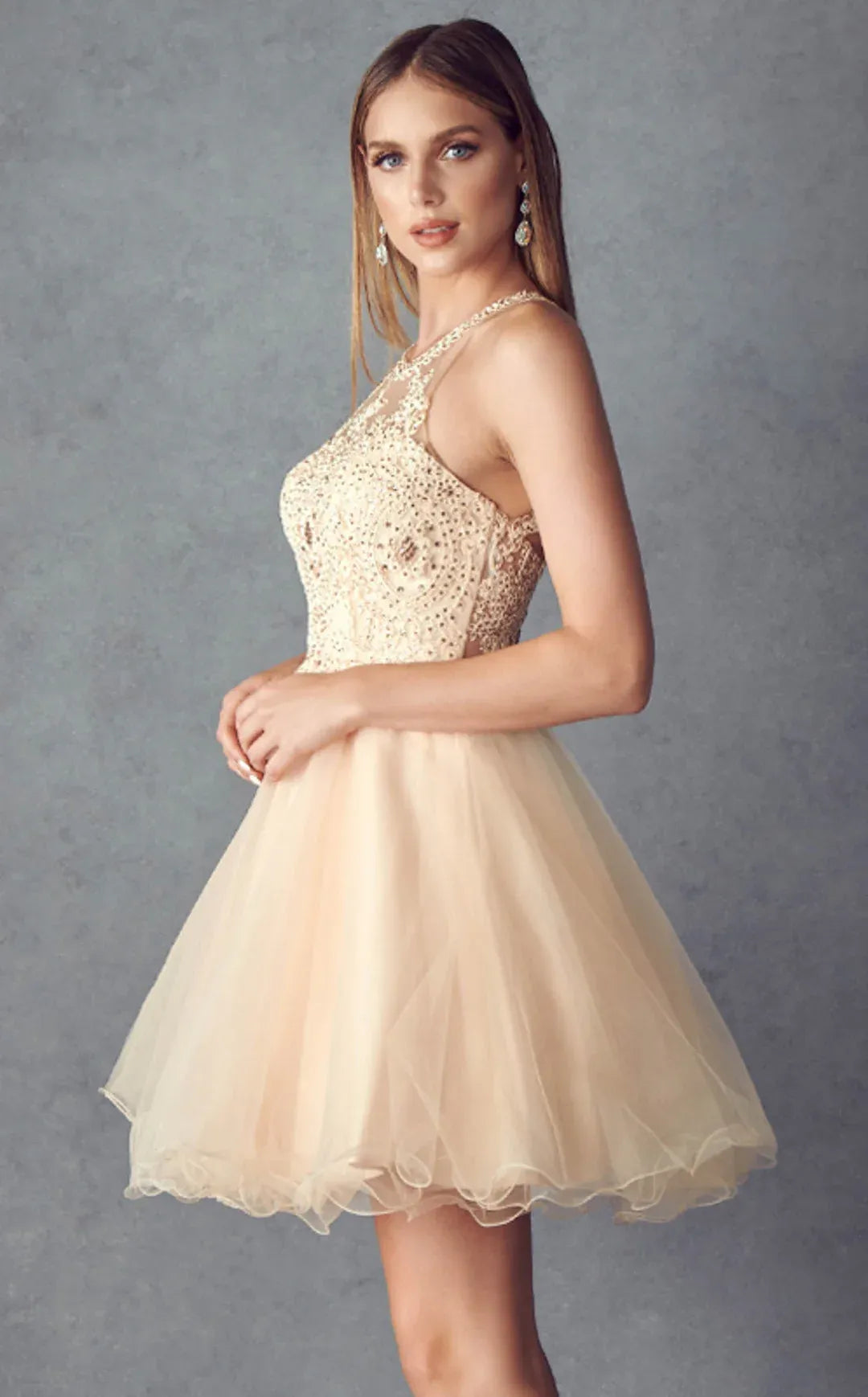 Stunning A-Line Halter Sleeveless Tulle Short Beaded Homecoming Dress