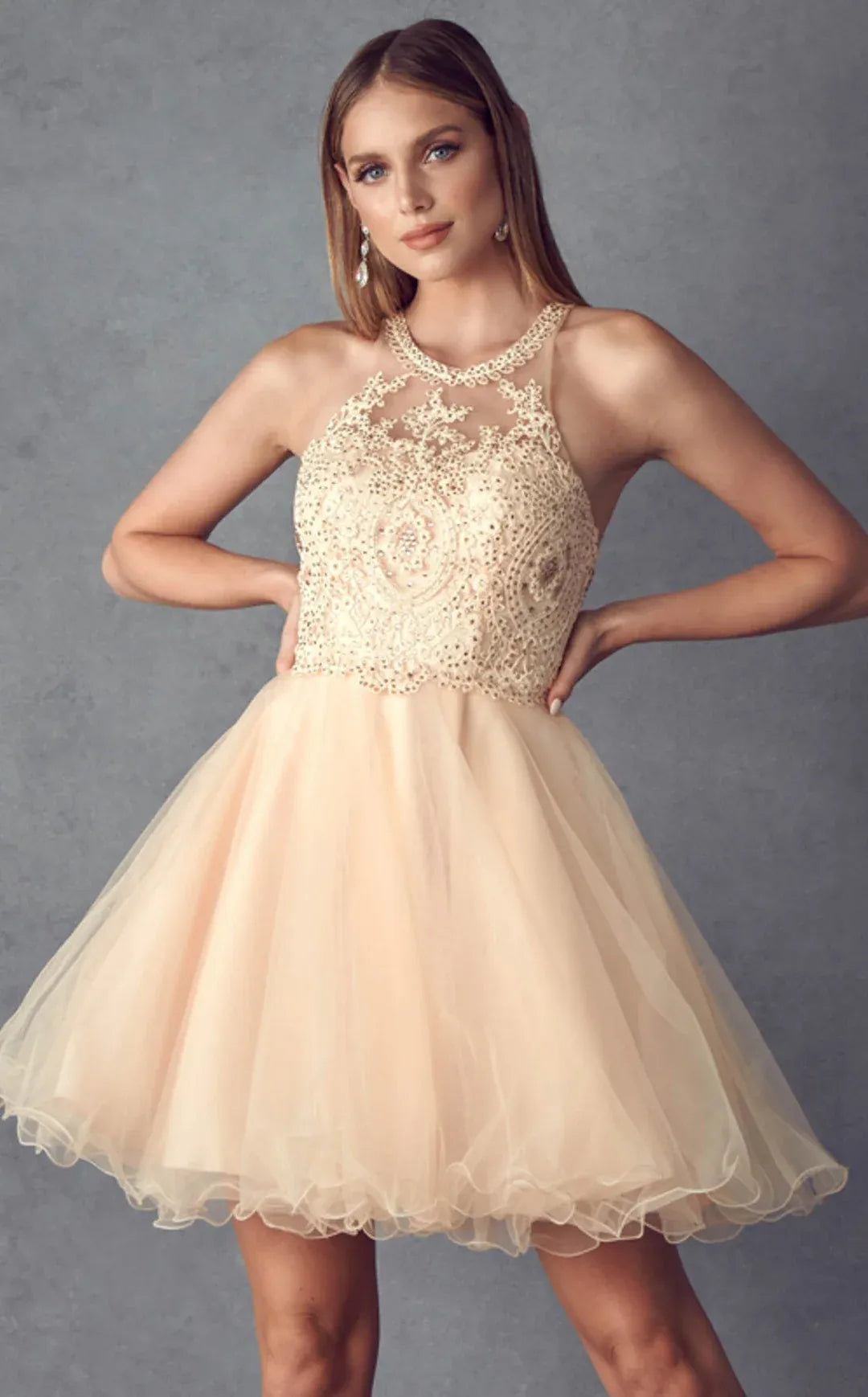Stunning A-Line Halter Sleeveless Tulle Short Beaded Homecoming Dress