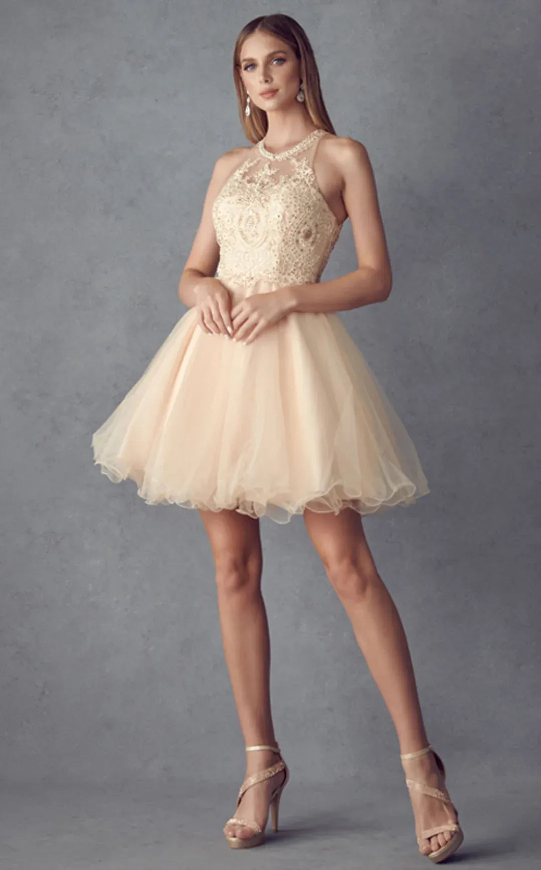 Stunning A-Line Halter Sleeveless Tulle Short Beaded Homecoming Dress