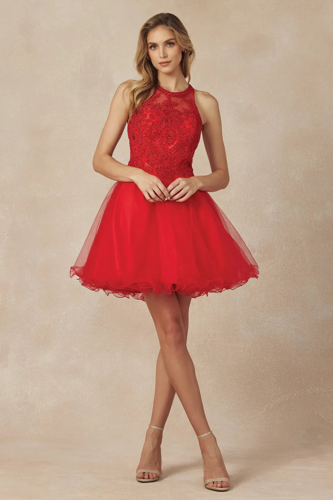 Stunning A-Line Halter Sleeveless Tulle Short Beaded Homecoming Dress