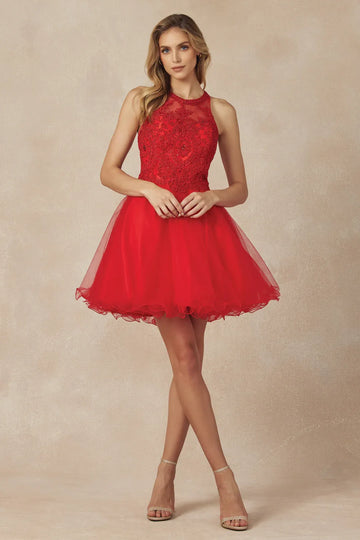 Stunning A-Line Halter Sleeveless Tulle Short Beaded Homecoming Dress