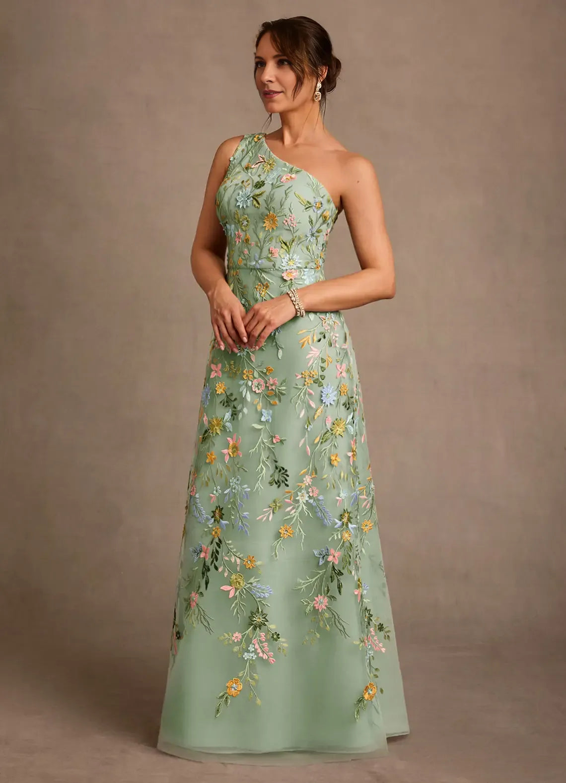 Stunning A Line One Shoulder Tulle Floor Length Floral Embroidery Maxi Dress