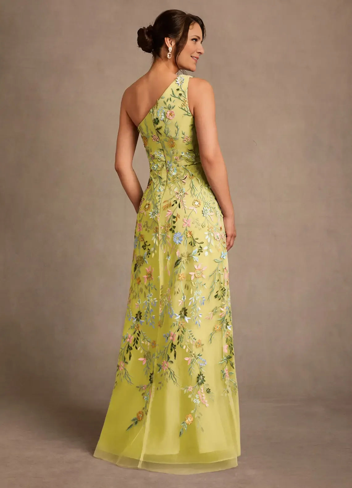 Stunning A Line One Shoulder Tulle Floor Length Floral Embroidery Maxi Dress