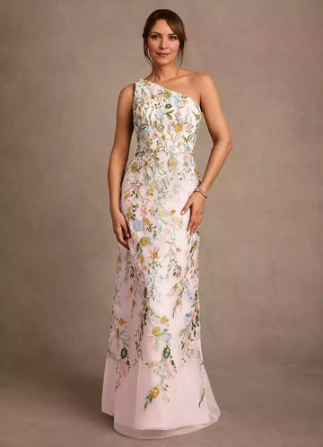 Impresionante vestido largo de tul hasta el suelo con bordado floral y escote asimétrico