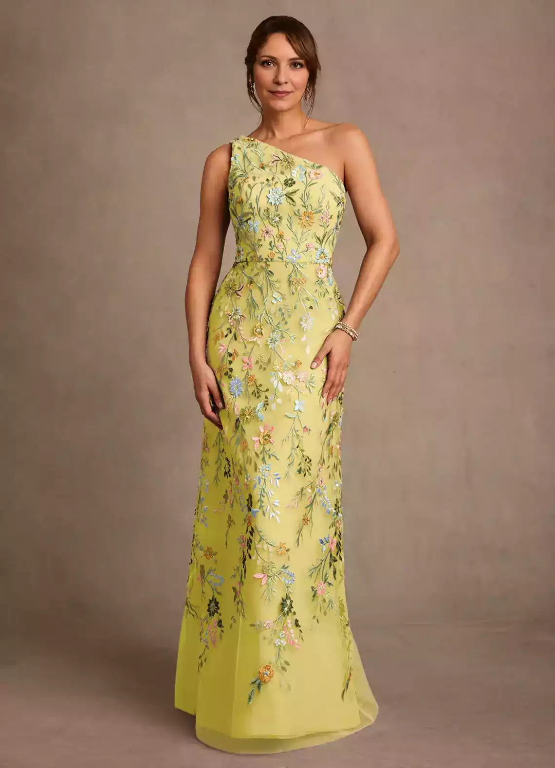 Stunning A Line One Shoulder Tulle Floor Length Floral Embroidery Maxi Dress