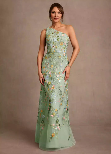 Stunning A Line One Shoulder Tulle Floor Length Floral Embroidery Maxi Dress