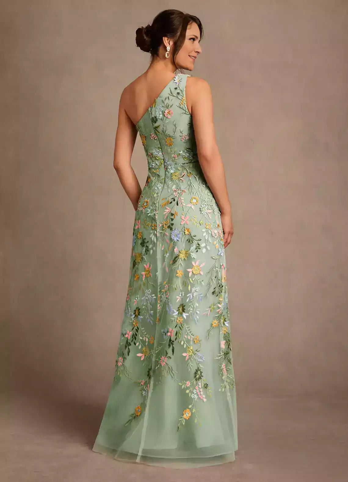 Stunning A Line One Shoulder Tulle Floor Length Floral Embroidery Maxi Dress