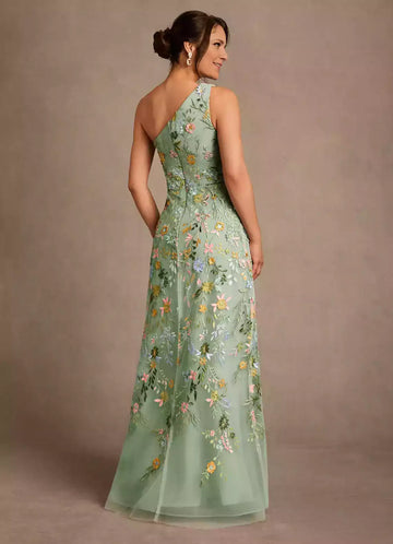 Stunning A Line One Shoulder Tulle Floor Length Floral Embroidery Maxi Dress
