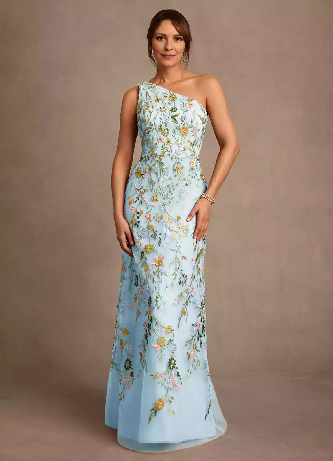 Stunning A Line One Shoulder Tulle Floor Length Floral Embroidery Maxi Dress