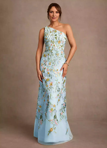 Impresionante vestido largo de tul hasta el suelo con bordado floral y escote asimétrico