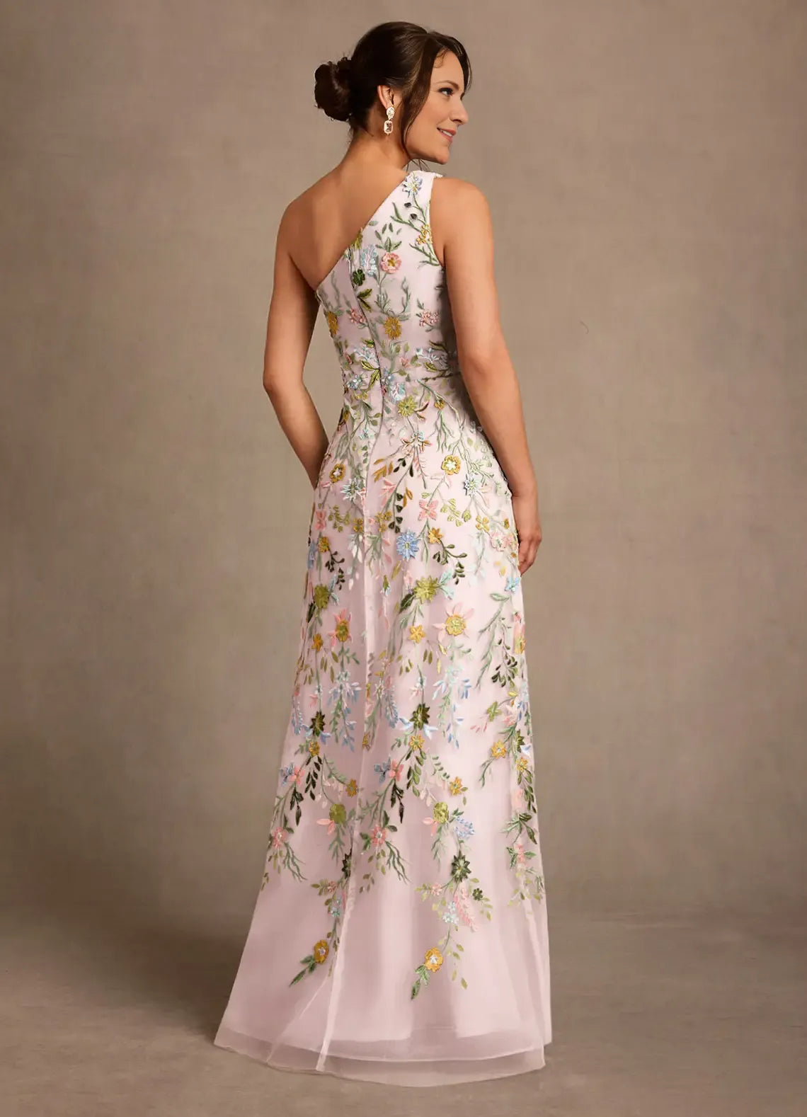 Stunning A Line One Shoulder Tulle Floor Length Floral Embroidery Maxi Dress