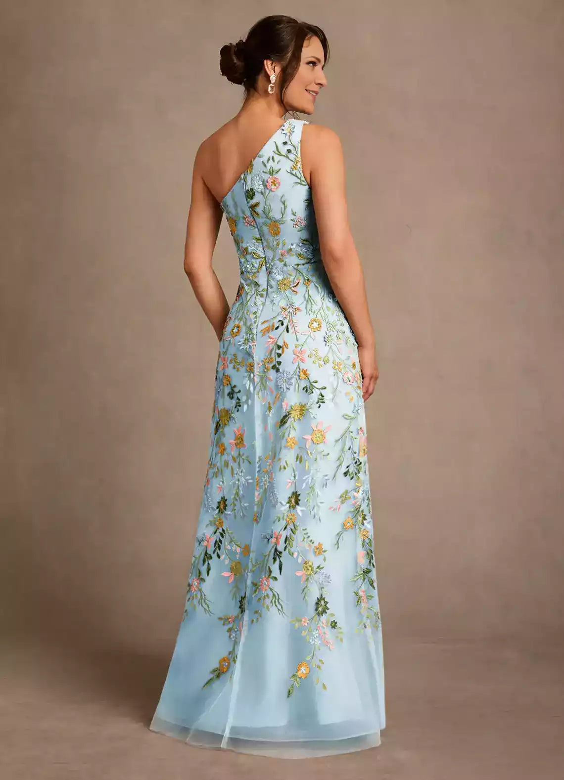 Stunning A Line One Shoulder Tulle Floor Length Floral Embroidery Maxi Dress