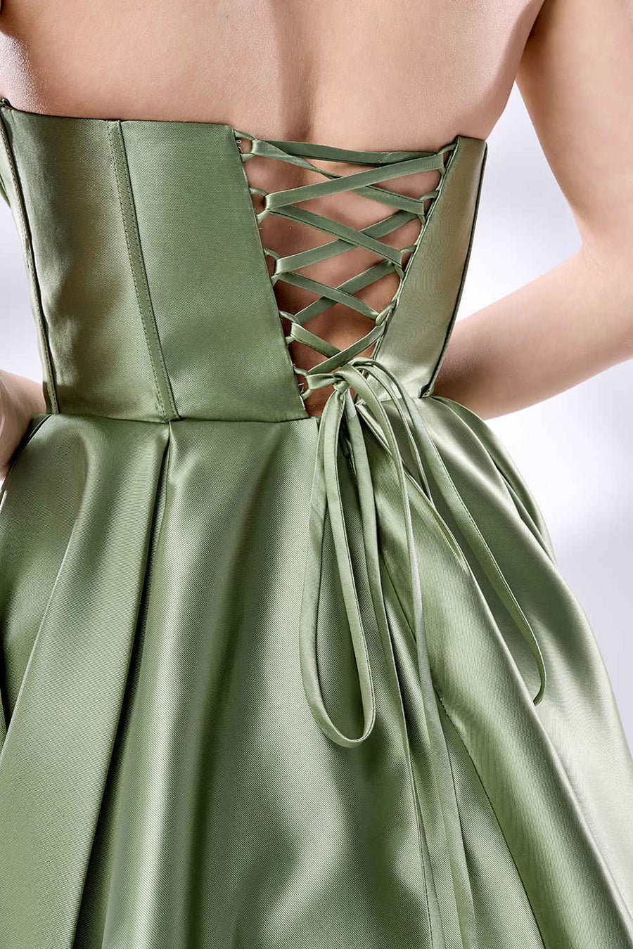 Stunning A Line Strapless Satin Floor Length Corset Slit Evening Gown