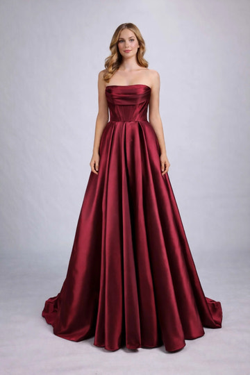 Stunning A Line Strapless Satin Floor Length Corset Slit Evening Gown