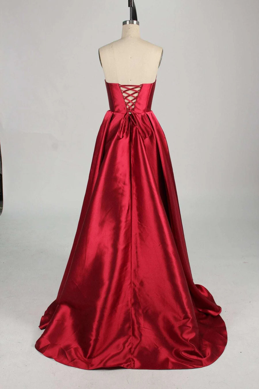 Stunning A Line Strapless Satin Floor Length Corset Slit Evening Gown