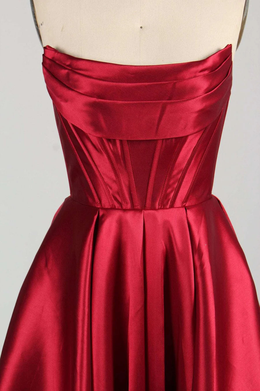 Stunning A Line Strapless Satin Floor Length Corset Slit Evening Gown