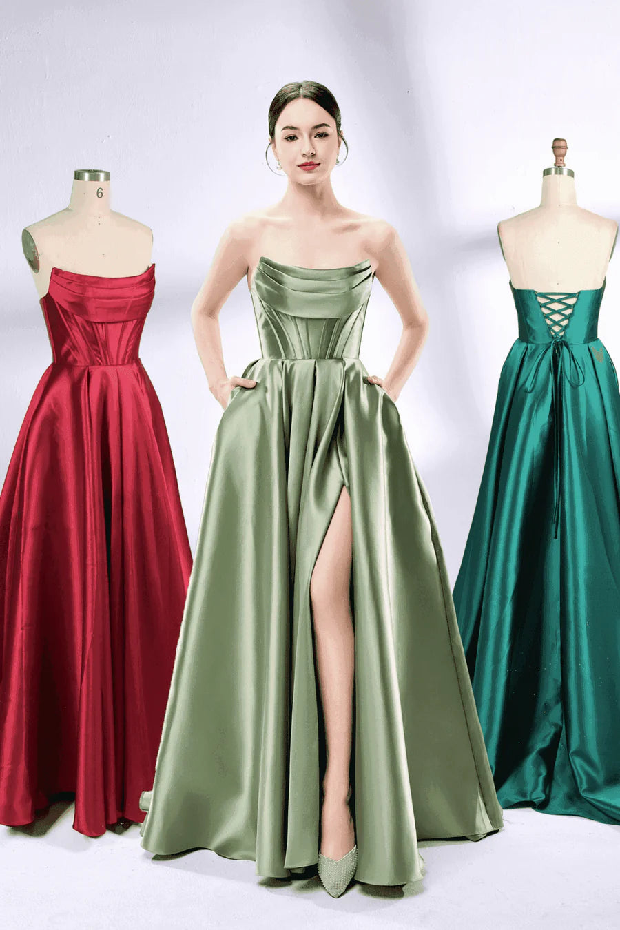 Stunning A Line Strapless Satin Floor Length Corset Slit Evening Gown