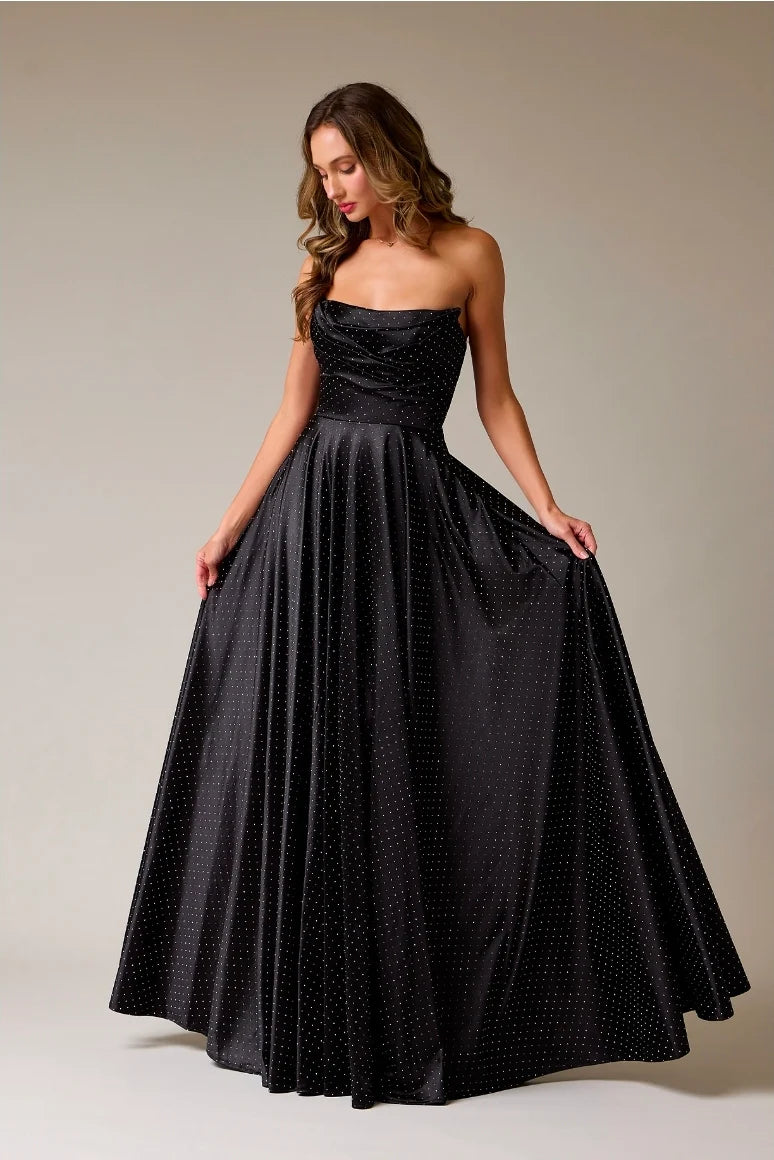 Stunning A-Line Strapless Sleeveless Satin Floor-Length Glitter Cowl Draped Evening Dress