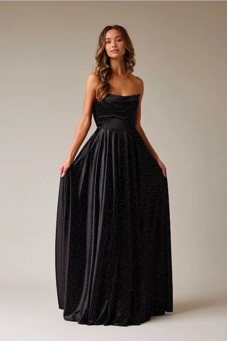 Stunning A-Line Strapless Sleeveless Satin Floor-Length Glitter Cowl Draped Evening Dress