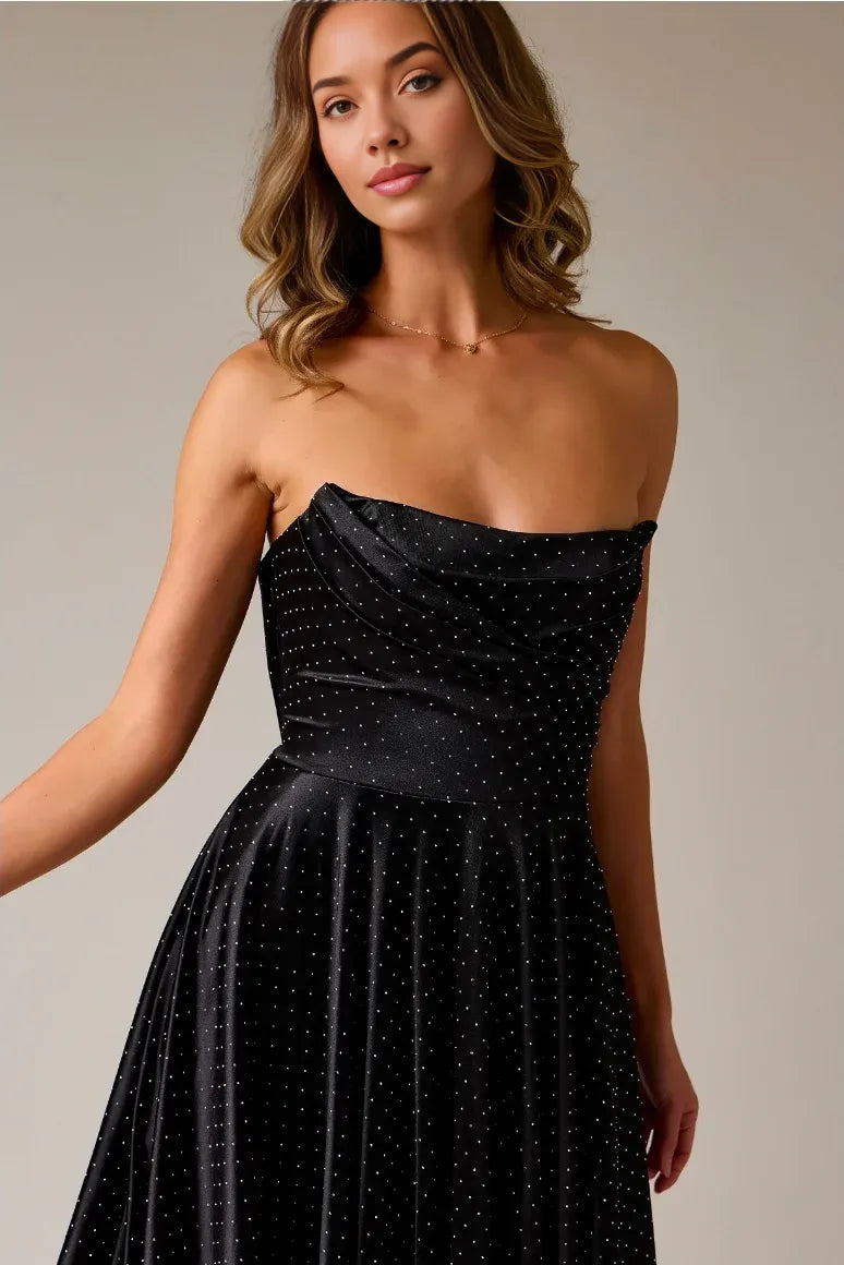 Stunning A-Line Strapless Sleeveless Satin Floor-Length Glitter Cowl Draped Evening Dress