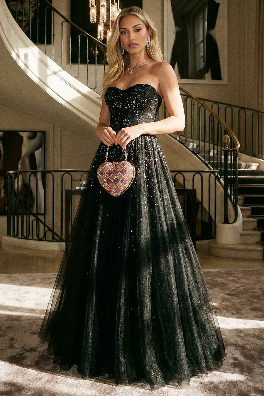 Stunning A Line Sweetheart Neck Tulle Floor Length Sequin Maxi Dress