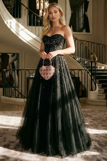 Stunning A Line Sweetheart Neck Tulle Floor Length Sequin Maxi Dress