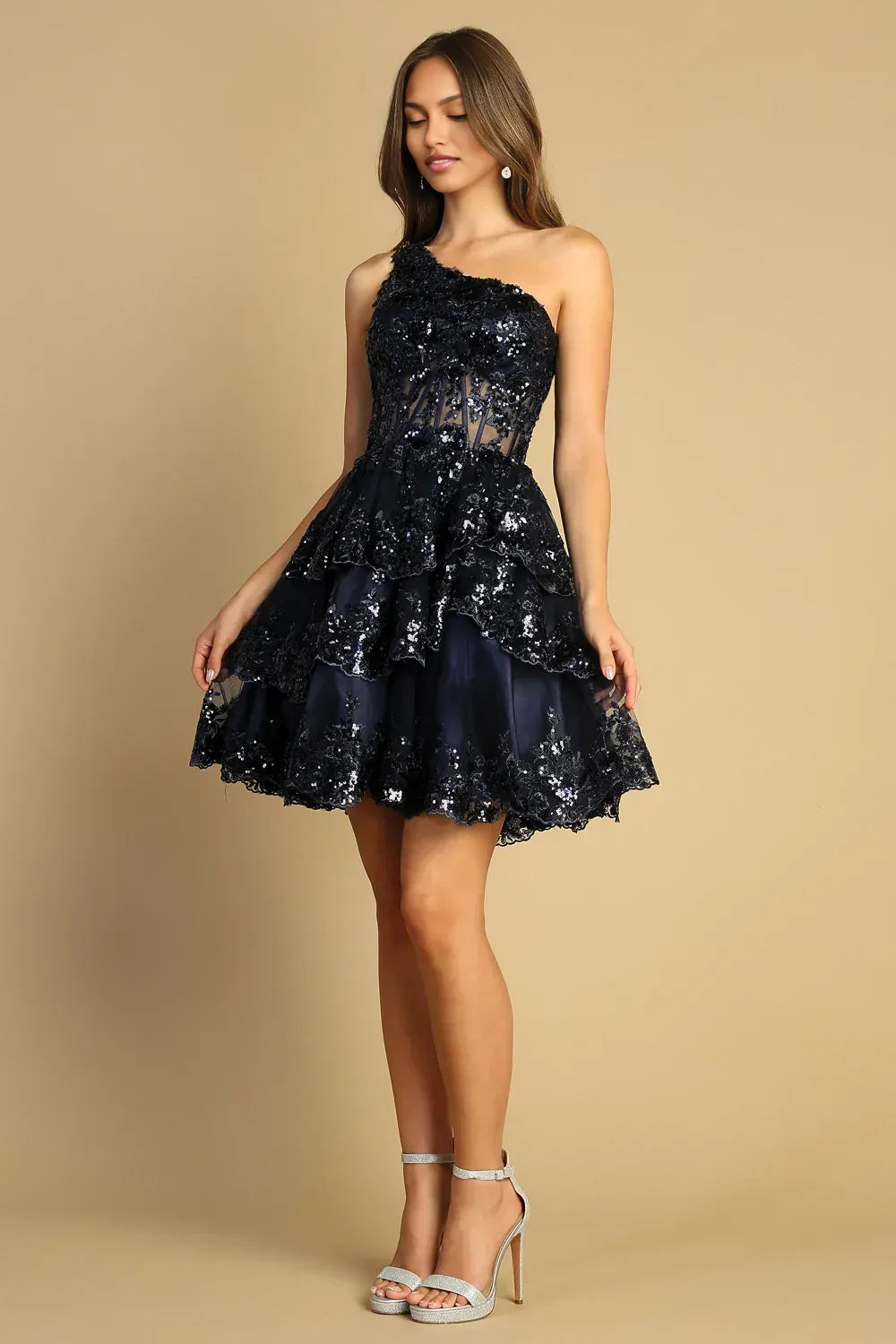 Stunning ALine OneShoulder Sequin Tulle Short Tiered Homecoming Dress