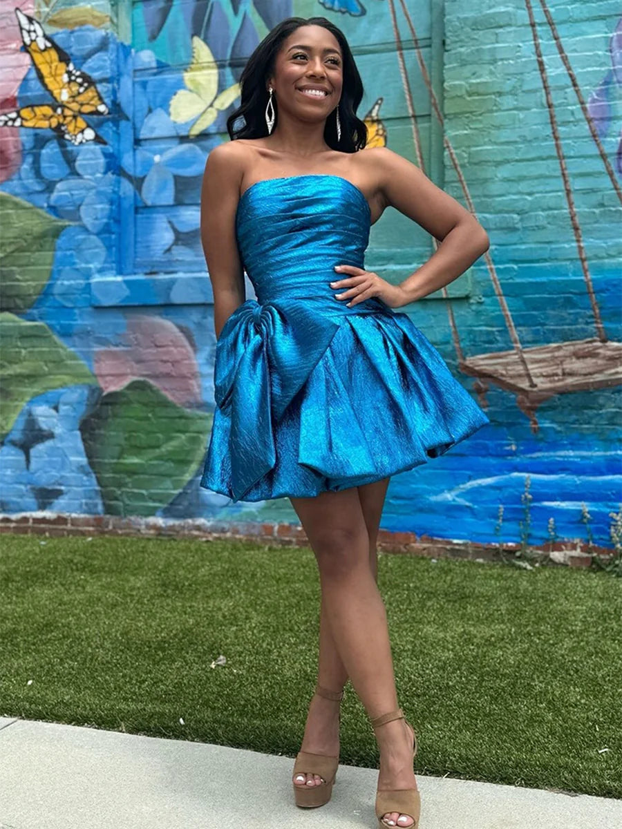 Stunning ALine Strapless Metallic Short Ruched Big Bow Homecoming Dress